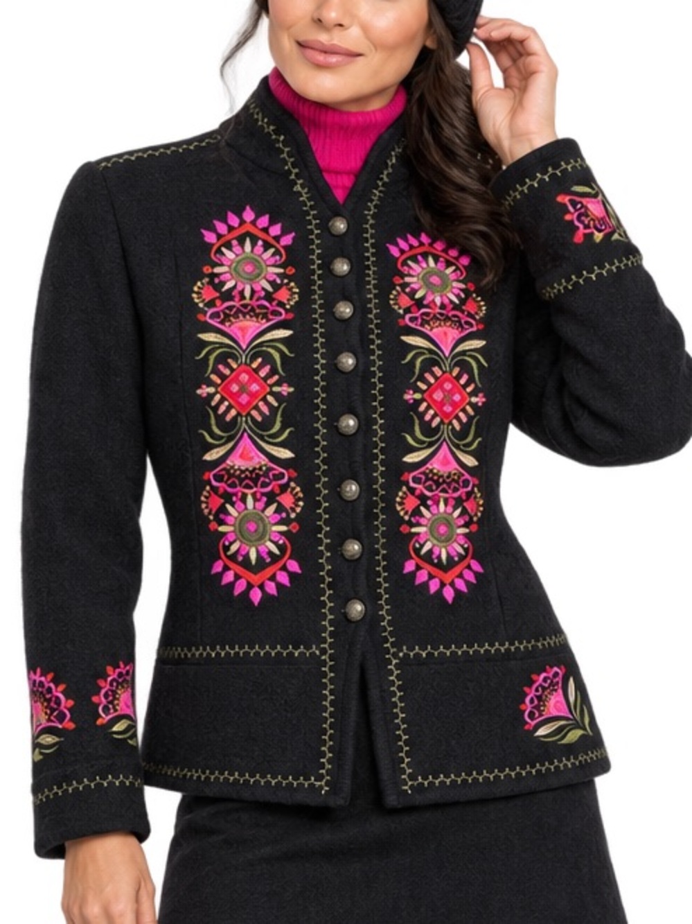 Carson all wool jacket/cardigan, embroidered, pewter buttons, Sz M, black, pink